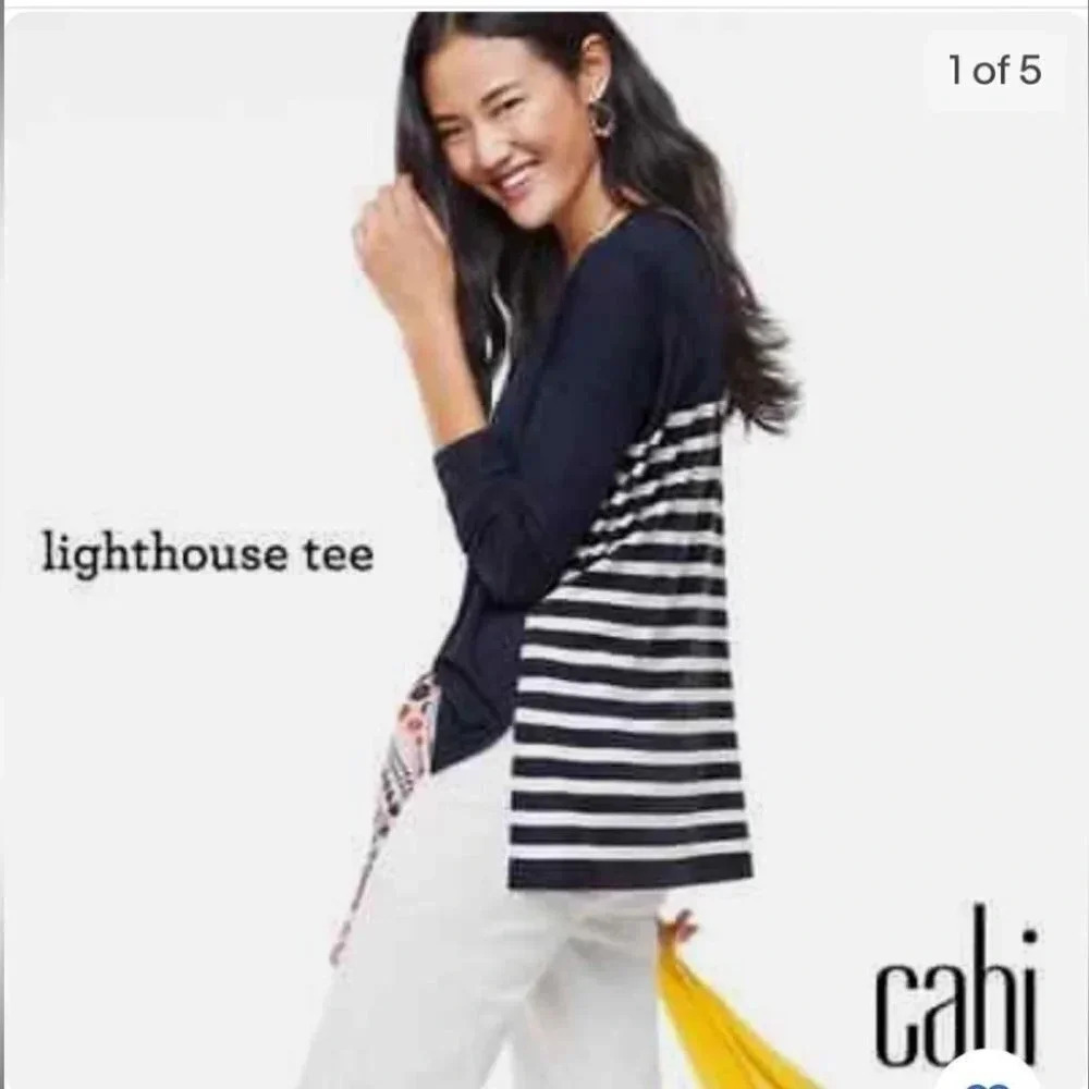 Cabi Navy Blue Stripe Lighthouse Tunic Top Side Slit Long Sleeve 5742 medium